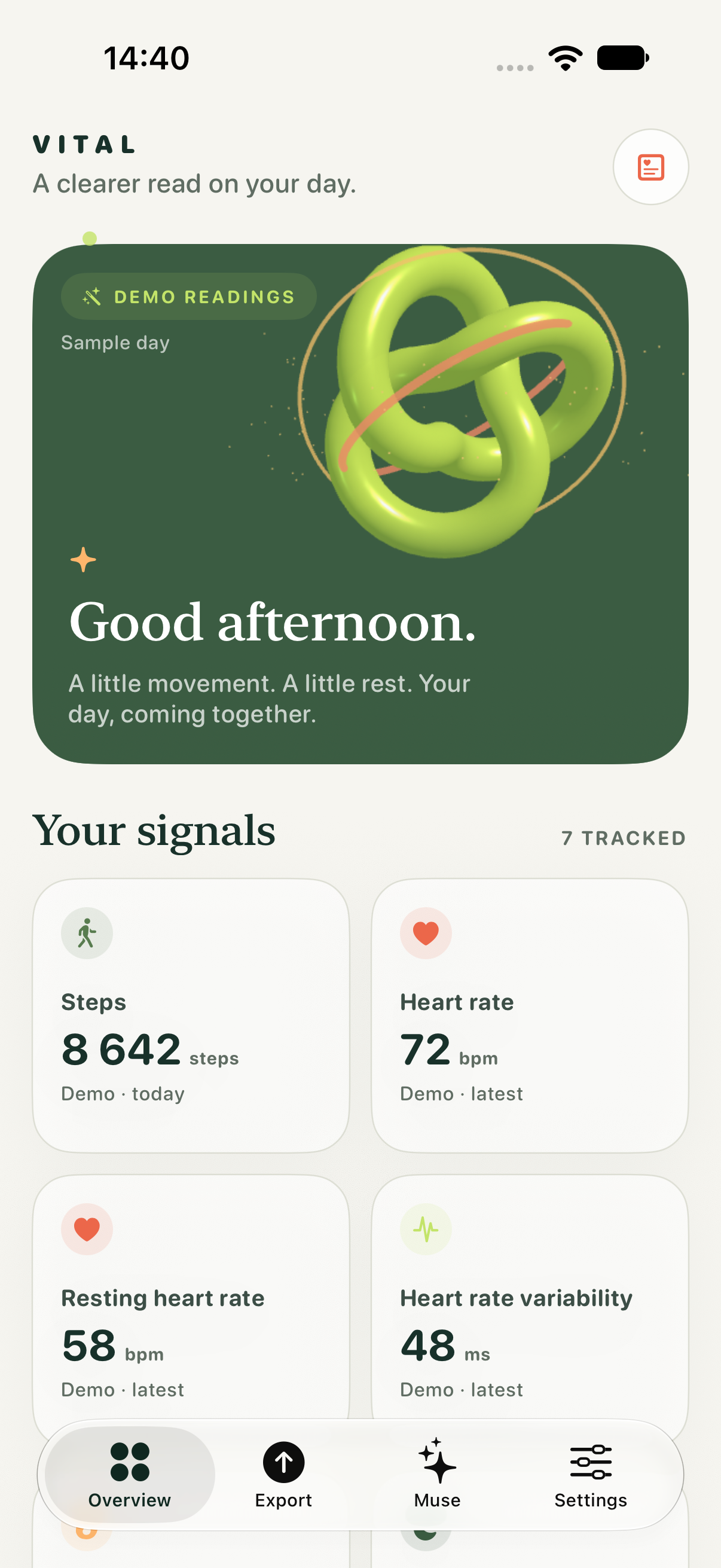 The iPhone app showing its animated health dashboard and clearly labelled demo readings for steps and heart rate.